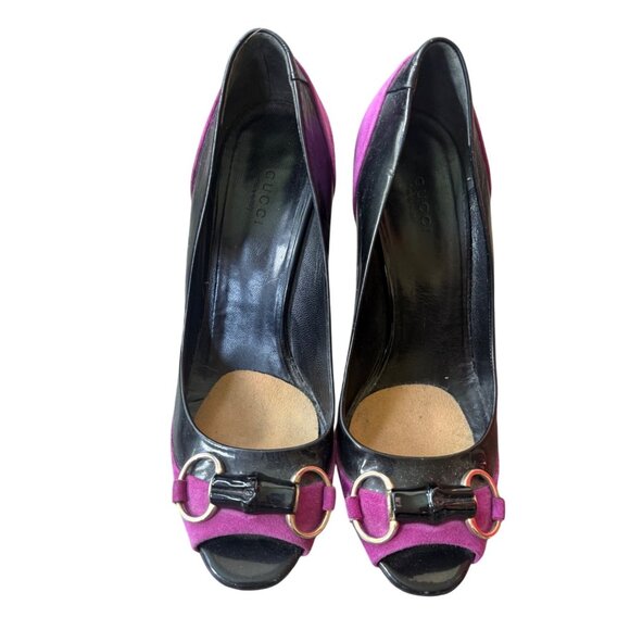 Gucci Womens Black Patent Leather High Heel Shoes Size 9 Horsebit Peep Toe - Picture 1 of 8